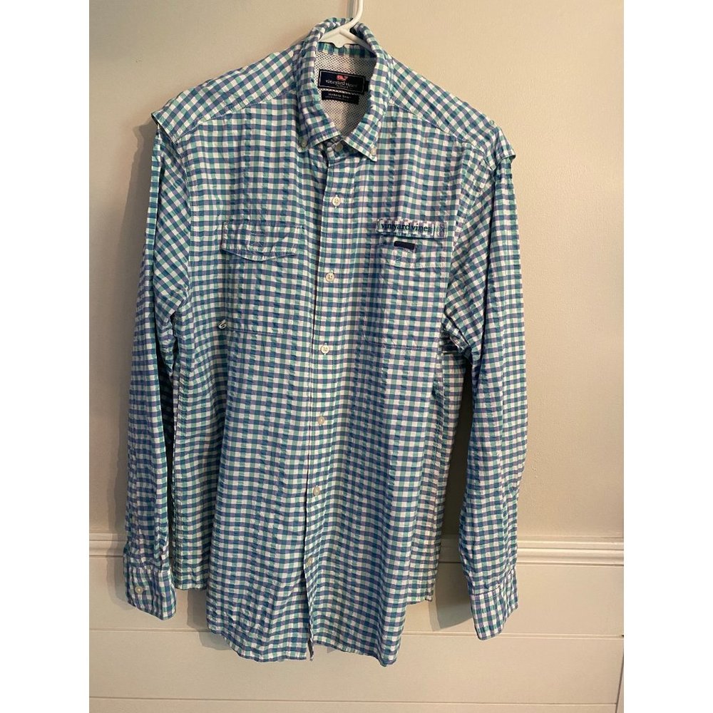 Vineyard Vines Blue Plaid Harbor Shirt Long Sleeve vented Button Up Mens Medium.
